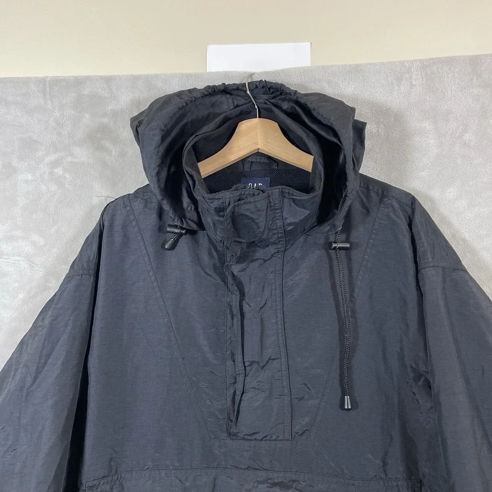 Vtg GAP Anorak Smock Jacket Mens Large Black Rain Ripstop Pullover Hooded Y2K
